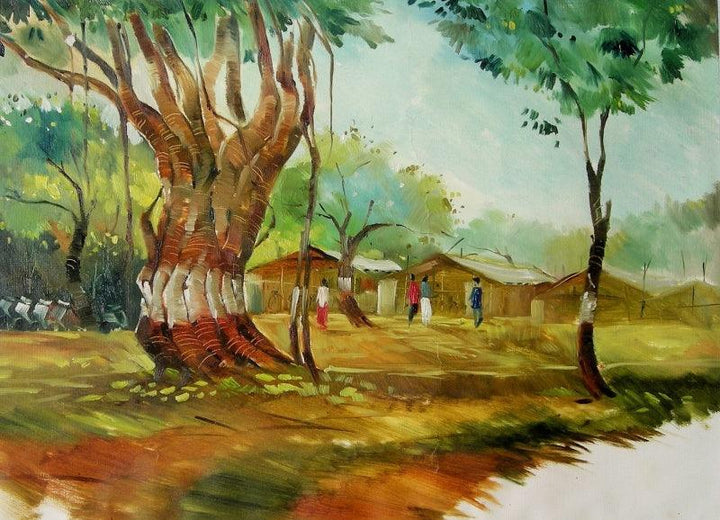 Landscape oil painting titled 'Golden Light', 12x18 inches, by artist Yogesh Lahane on Paper