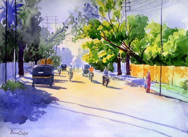 Cityscape watercolor painting titled 'Golden Light I', 15x11 inches, by artist Rahul Salve on Paper