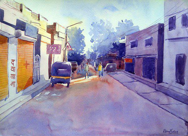 Cityscape watercolor painting titled 'Golden Light II', 15x11 inches, by artist Rahul Salve on Paper