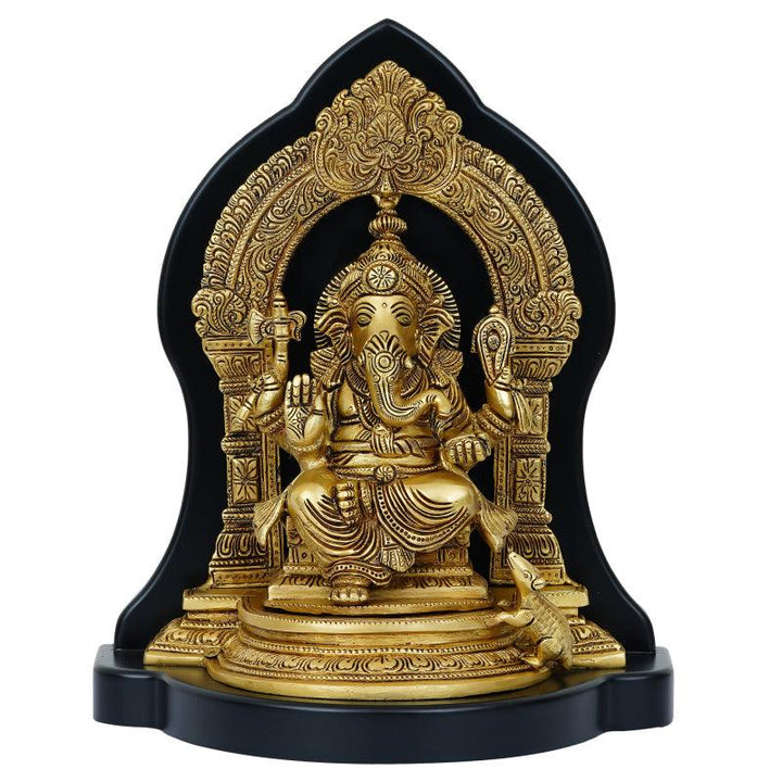 Religious handicraft titled 'Golden Lord Ganesha', 12x10x6 inches, by artist Brass Handicrafts on Brass