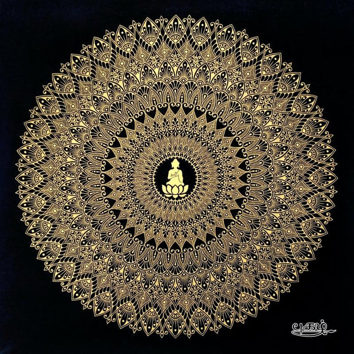 Other others drawing titled 'Golden Mandala Copy', 24x24 inches, by artist V Pugalenthi on Black canvas board