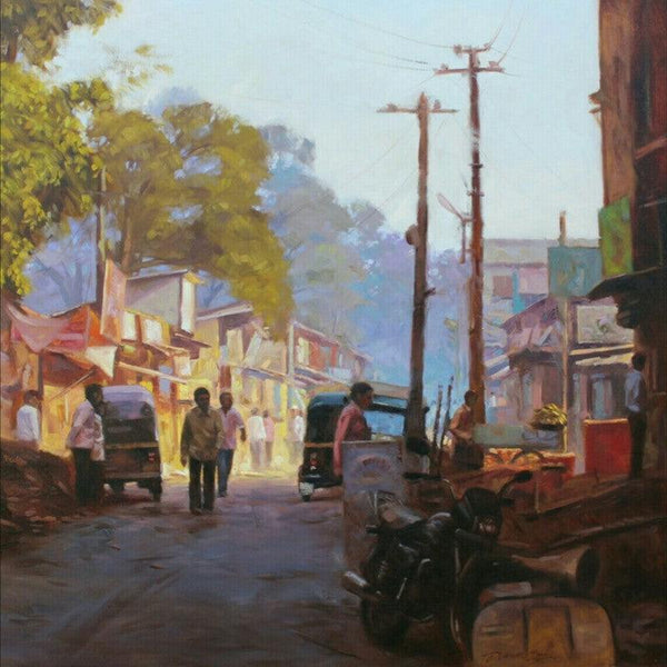 Cityscape oil painting titled 'Golden Morning', 36x36 inches, by artist Manoj Deshmukh on Canvas