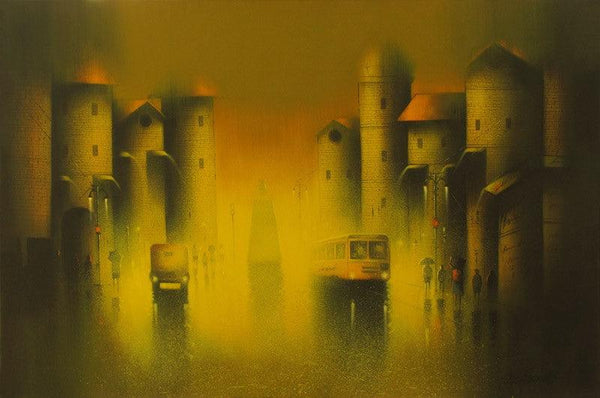 Cityscape acrylic painting titled 'Golden Night', 24x36 inches, by artist Somnath Bothe on Canvas