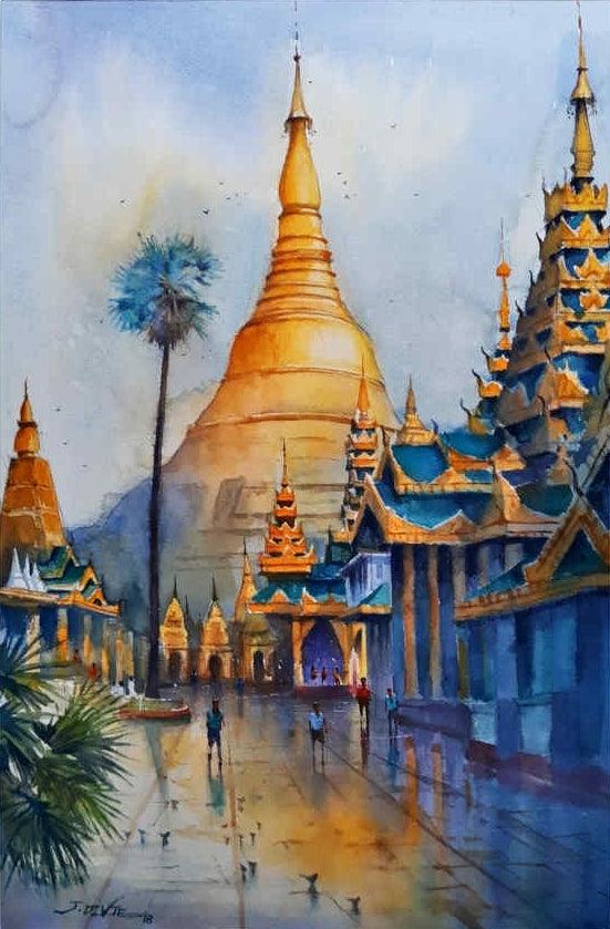 Religious watercolor painting titled 'Golden Pagoda', 22x15 inches, by artist Jitendra Divte on Paper