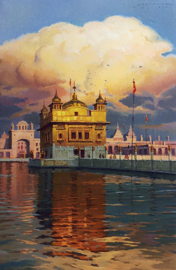 Religious acrylic painting titled 'Golden Reflection', 26x17 inches, by artist Siddharth Gavade on Canvas