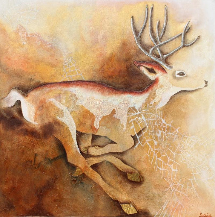 Animals mixed-media painting titled 'Golden Run', 48x48 inch, by artist Ruchi Singhal on Canvas