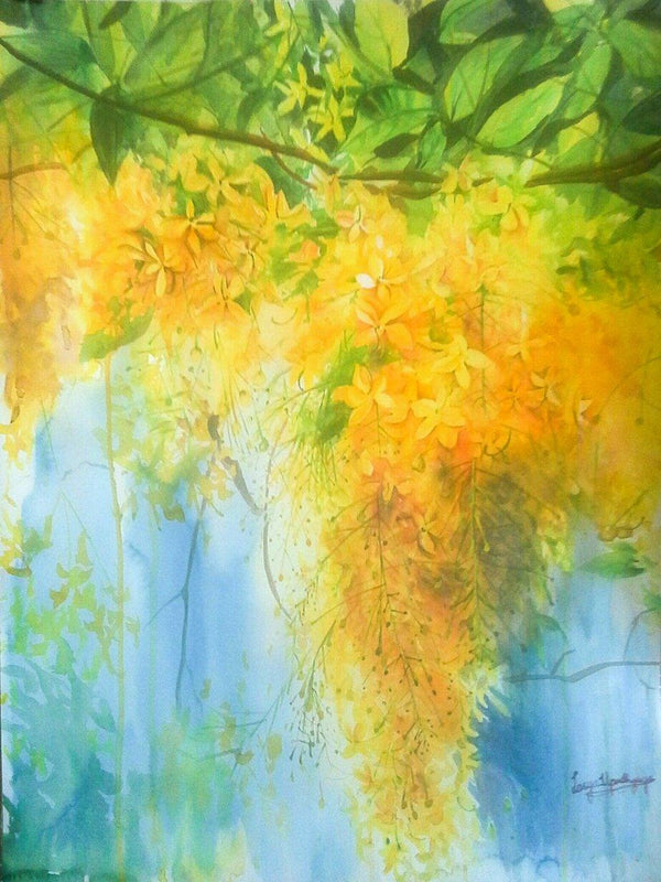 Nature watercolor painting titled 'Golden shower', 24x18 inches, by artist Lasya Upadhyaya on Paper