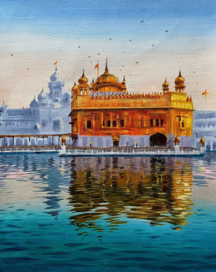 Religious acrylic painting titled 'Golden Temple 2', 16x13 inch, by artist Achintya Hazra on Canvas