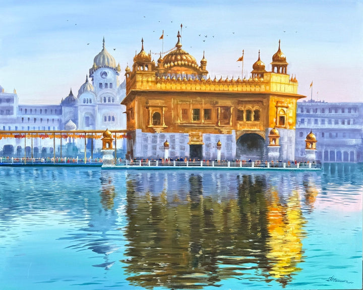 Religious acrylic painting titled 'Golden Temple', 48x60 inch, by artist Achintya Hazra on Canvas