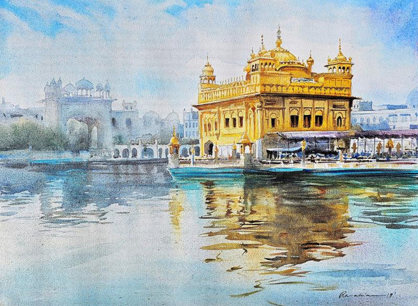 Cityscape acrylic painting titled 'Golden Temple Amritsar', 18x24 inches, by artist Ranabir Saha on Canvas