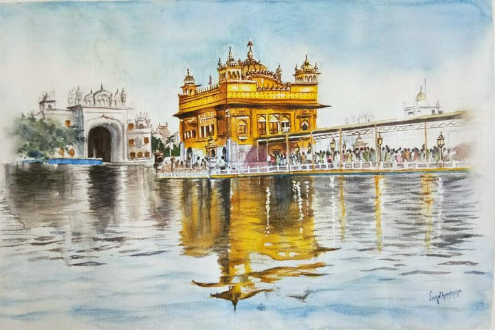 Cityscape watercolor painting titled 'Golden temple', 21x14 inches, by artist Lasya Upadhyaya on Paper