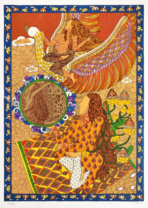 contemporary serigraphs painting titled 'Golden Womb Series Of Flight', 30x22 inches, by artist Seema Kohli on Paper