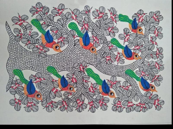 Animals gond traditional art titled 'Gond 10', 14x10 inches, by artist Choti Gond Artist on Paper