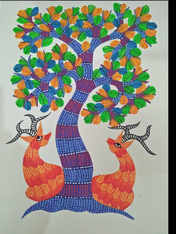 Animals gond traditional art titled 'Gond 13', 14x10 inches, by artist Choti Gond Artist on Paper