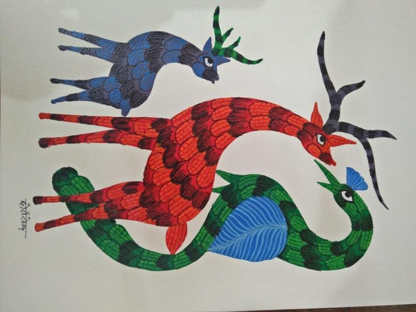 Animals gond traditional_art titled 'Gond 16', 14x10 inches, by artist Choti Gond Artist on Paper