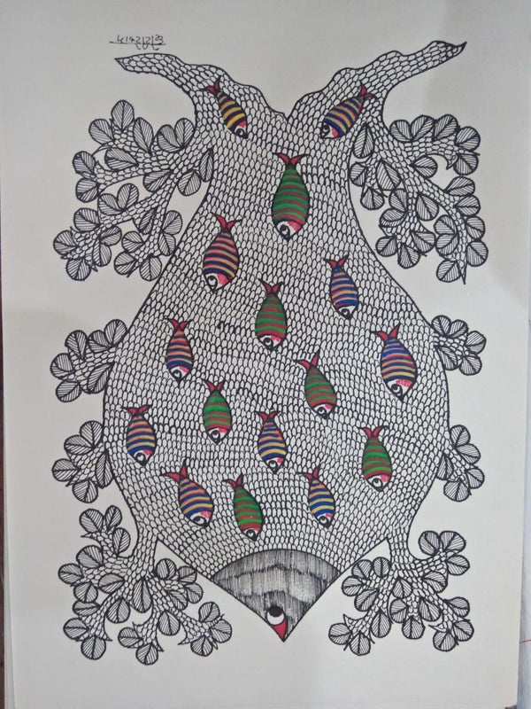 Animals gond traditional art titled 'Gond 21', 14x10 inches, by artist Choti Gond Artist on Paper