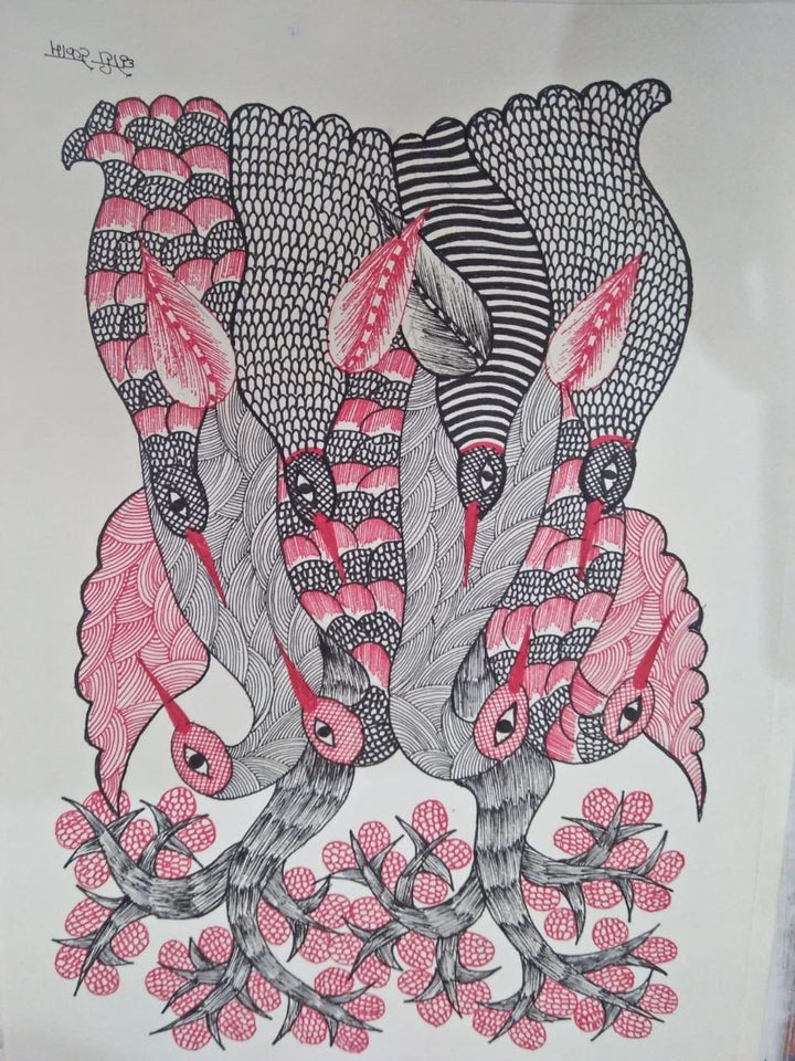 Animals gond traditional art titled 'Gond 23', 14x10 inches, by artist Choti Gond Artist on Paper