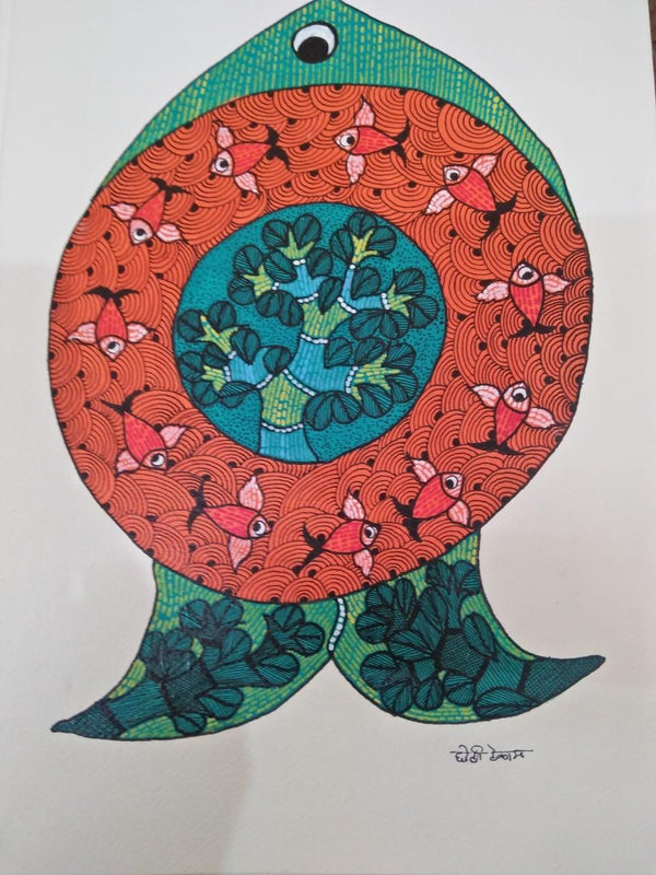 Animals gond traditional art titled 'Gond 26', 14x10 inches, by artist Choti Gond Artist on Paper