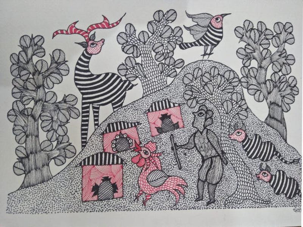 Animals gond traditional art titled 'Gond 3', 14x10 inches, by artist Choti Gond Artist on Paper