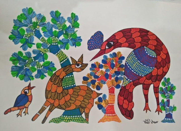 Animals gond traditional art titled 'Gond 6', 14x10 inches, by artist Choti Gond Artist on Paper