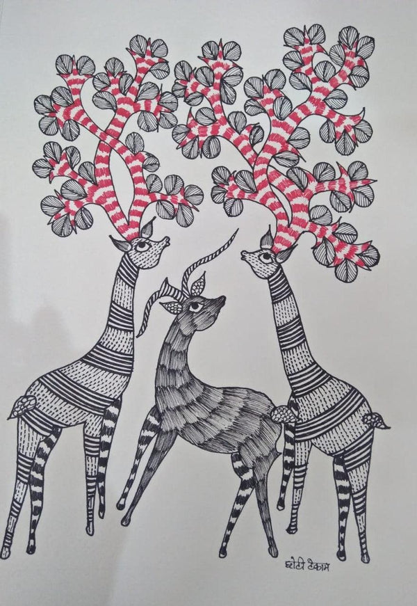 Animals gond traditional art titled 'Gond 7', 14x10 inches, by artist Choti Gond Artist on Paper