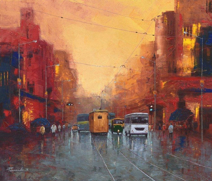 Cityscape oil painting titled 'Good Morning Kolkata 5', 36x42 inches, by artist Purnendu Mandal on Canvas