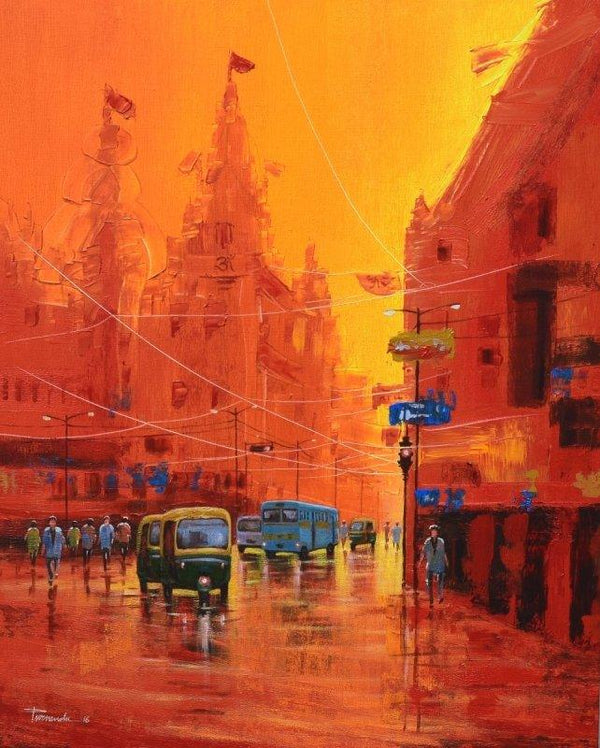 Cityscape acrylic painting titled 'Good Morning Kolkata 7', 30x24 inches, by artist Purnendu Mandal on Canvas