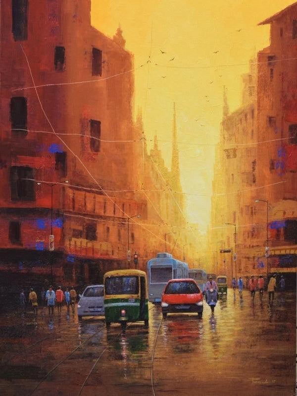 Cityscape acrylic painting titled 'Good Morning Kolkata', 48x36 inches, by artist Purnendu Mandal on Canvas