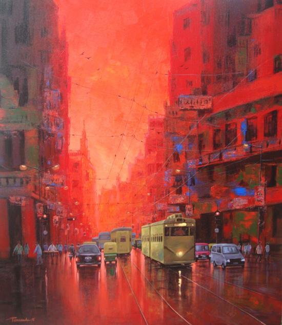 Cityscape acrylic painting titled 'Good Morning Kolkata I', 42x36 inches, by artist Purnendu Mandal on Canvas