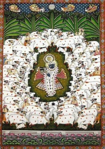 Religious pichwai traditional art titled 'Gopaastami Pichwai Painting Pichwai Pai', 60x36 inches, by artist Yugdeepak Soni on Cloth