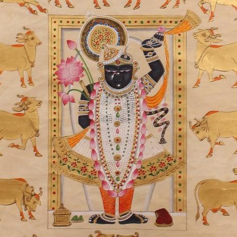 Religious pichwai traditional art titled 'Gopashtami In White And Gold', 54x24 inches, by artist Unknown on Cloth