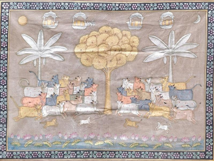 Religious pichwai traditional art titled 'Gopashtami Pichwai 2', 46x33 inches, by artist Pichwai Art on Cloth