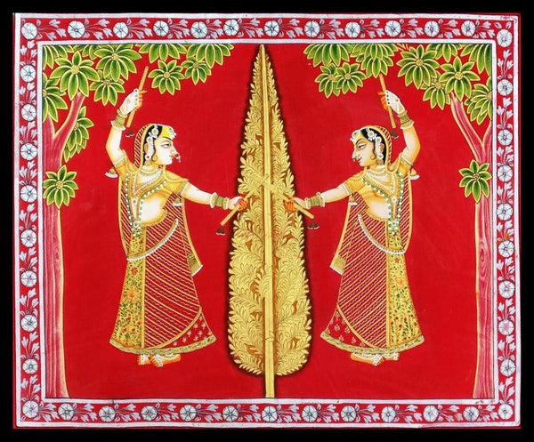 Religious pichwai traditional art titled 'Gopi Vrindavan Pichwai', 24x36 inches, by artist Unknown on Cloth