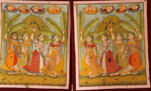 Religious pichwai traditional art titled 'Gopika Pannel Pichwai Painting', 48x72 inches, by artist Yugdeepak Soni on Cloth