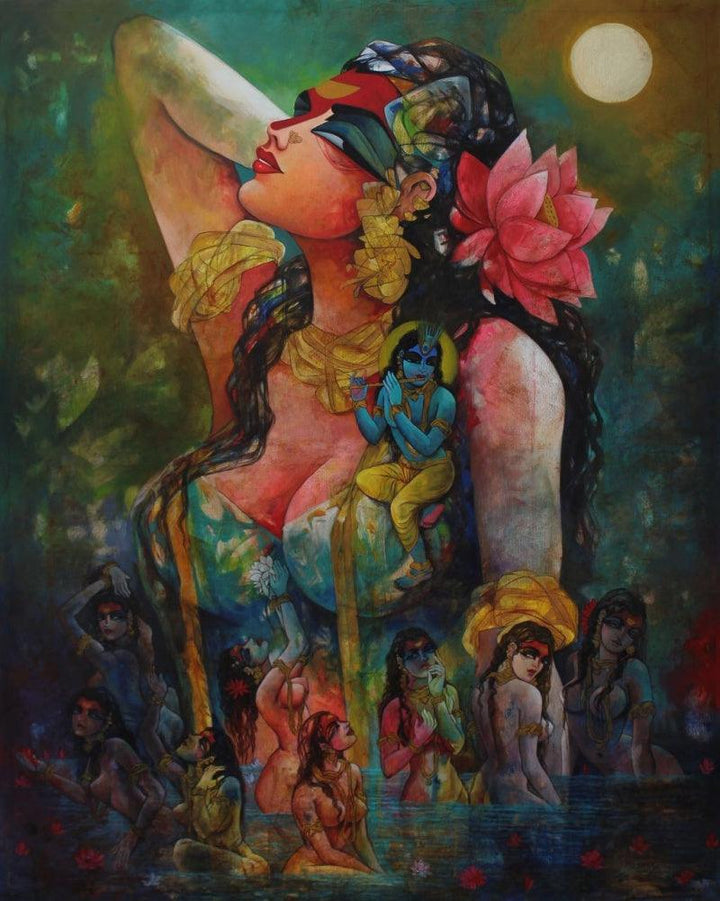 Religious acrylic painting titled 'Gopika Vastrapharanam', 48x60 inches, by artist N P Rajeshwarr on Canvas