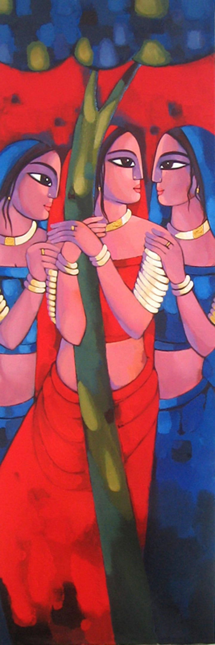 Figurative acrylic painting titled 'Gopiya', 72x24 inches, by artist Sekhar Roy on Canvas