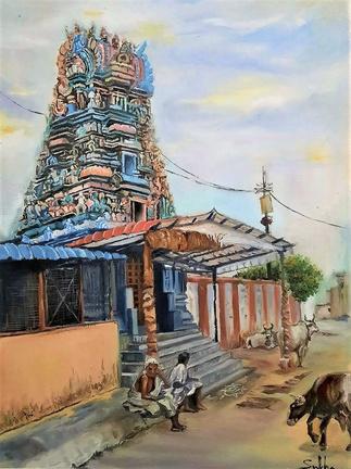 Religious oil painting titled 'Gopuram', 16x12 inch, by artist Subhashree Sridhar on Canvas Board