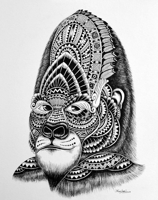 Animals pen drawing titled 'Gorilla', 15x11 inches, by artist Kushal Kumar on Paper