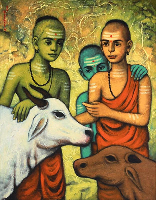 Religious acrylic painting titled 'Goshala', 48x36 inches, by artist Shankar Devarukhe on Canvas