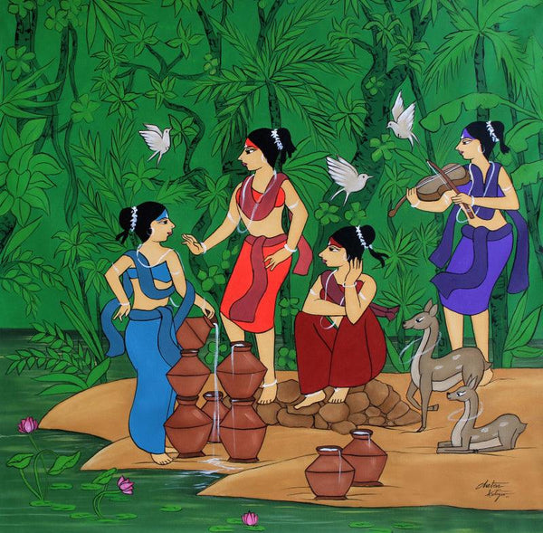 contemporary acrylic painting titled 'Gossip', 38x38 inches, by artist Chetan Katigar on Canvas