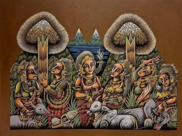 Figurative acrylic painting titled 'Gossip Girls', 36x48 inches, by artist Jitendra Dangi on Canvas