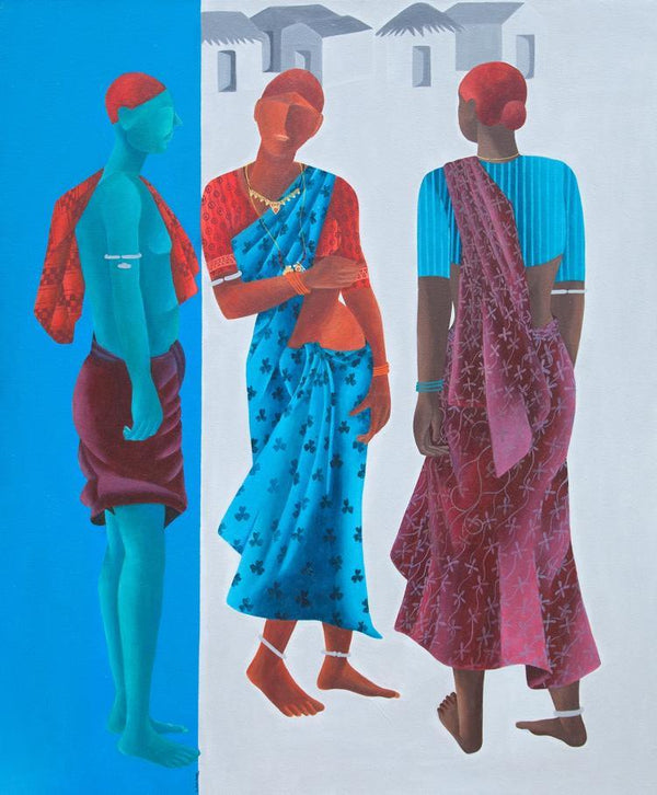 Figurative acrylic painting titled 'Gossip Time', 42x36 inches, by artist Abhiram Bairu on Canvas