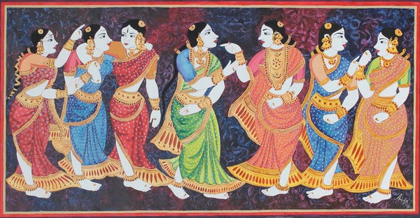 Figurative mixed media painting titled 'Gossiping', 12x24 inches, by artist Radhika Ulluru on Paper