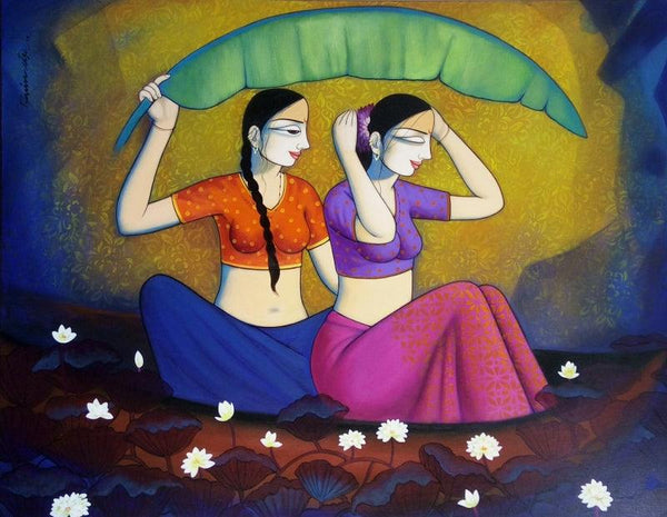 Figurative acrylic painting titled 'Gossiping Girls', 42x54 inches, by artist Pravin Utge on Canvas