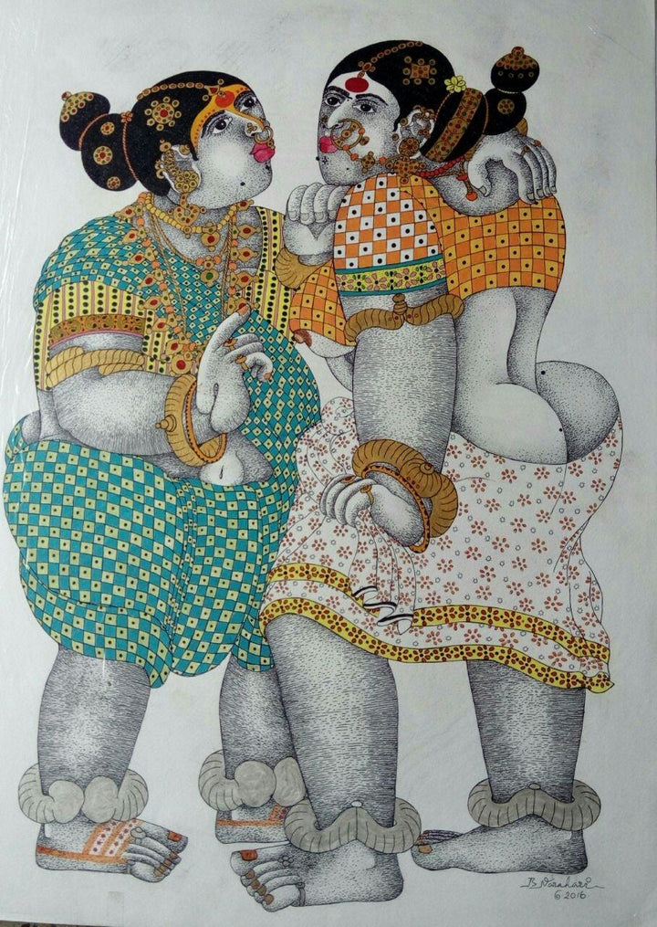 Figurative acrylic painting titled 'Gossiping Women 1', 30x22 inches, by artist Bhawandla Narahari on Paper