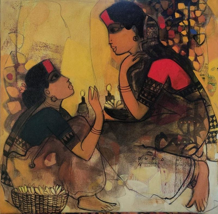 Figurative acrylic painting titled 'Gossiping Women 3', 24x24 inches, by artist Sachin Sagare on Canvas