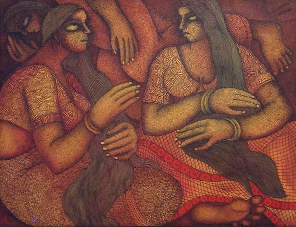 Figurative acrylic painting titled 'Gossiping Women', 46x48 inches, by artist Chitra Mandal on Canvas