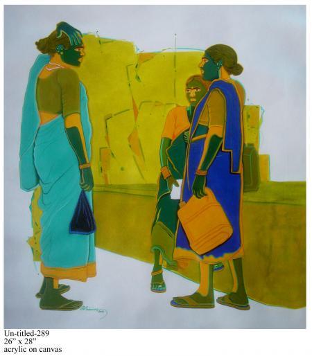 Figurative acrylic painting titled 'Gossiping Women I', 26x28 inches, by artist Tailor Srinivas on Canvas