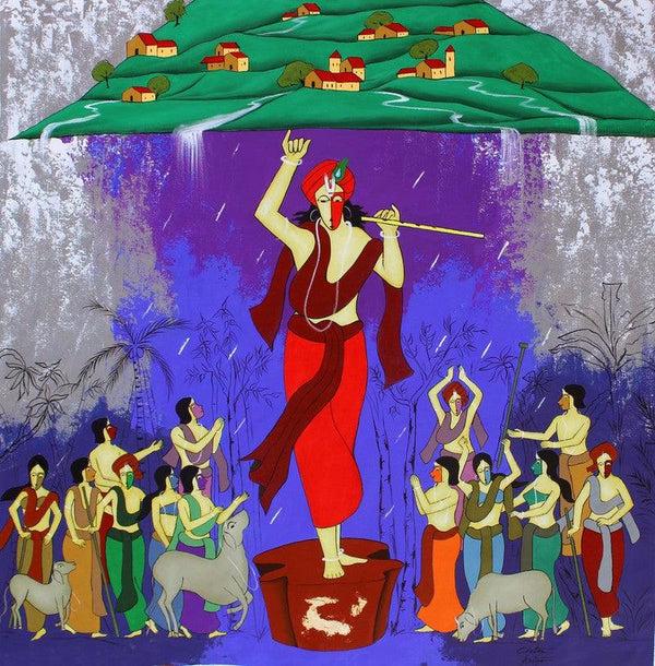 contemporary acrylic painting titled 'Govardhan', 51x51 inches, by artist Chetan Katigar on Canvas