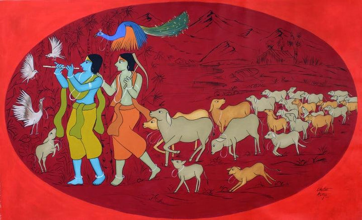 Religious acrylic painting titled 'Govind', 38x63 inches, by artist Chetan Katigar on Canvas